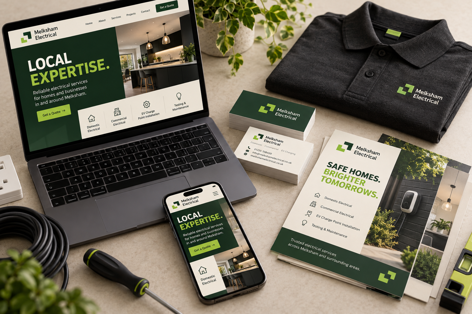 Illustrative local business branding with a website, printed stationery and workwear