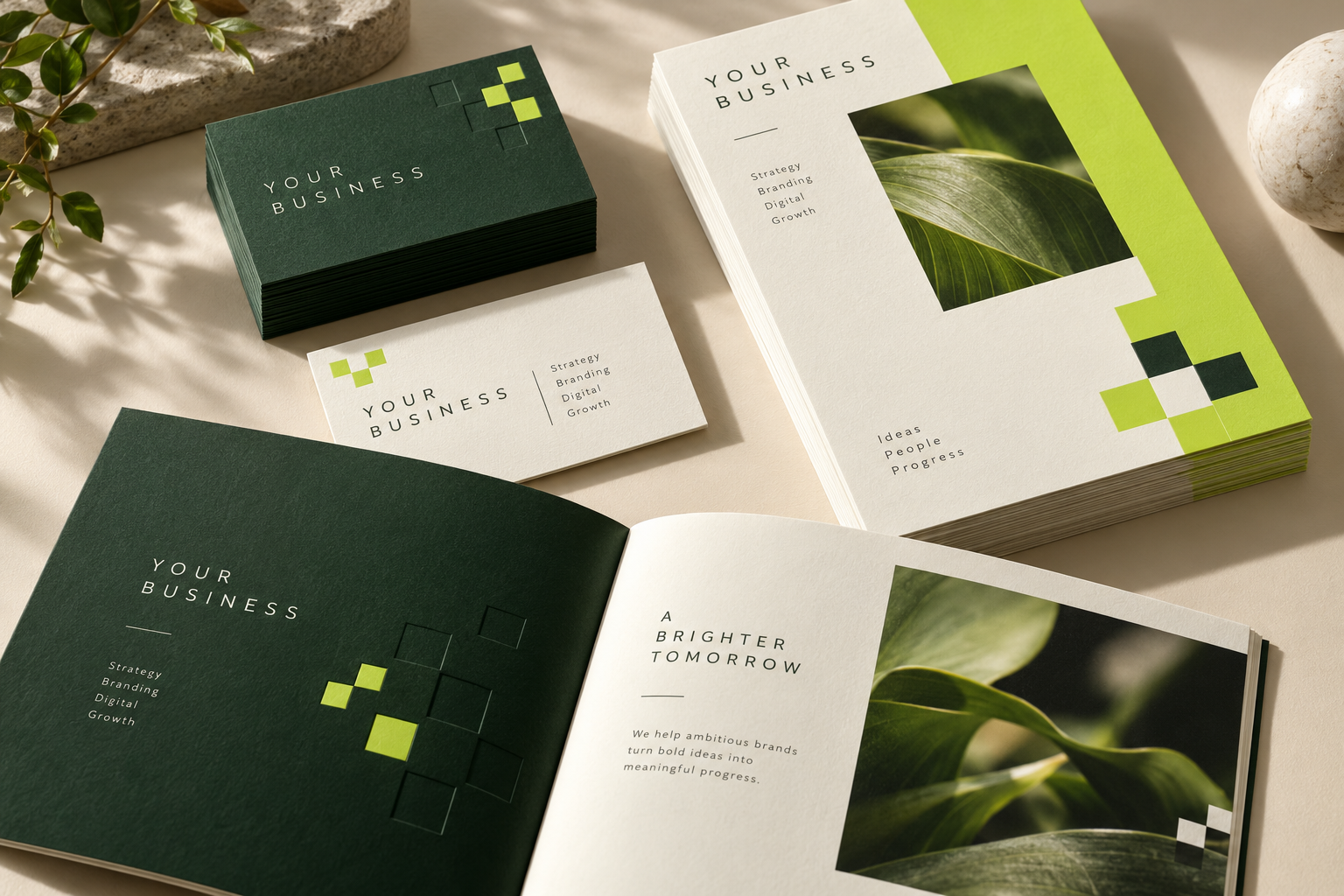 Illustrative forest green business cards, brochures and flyers