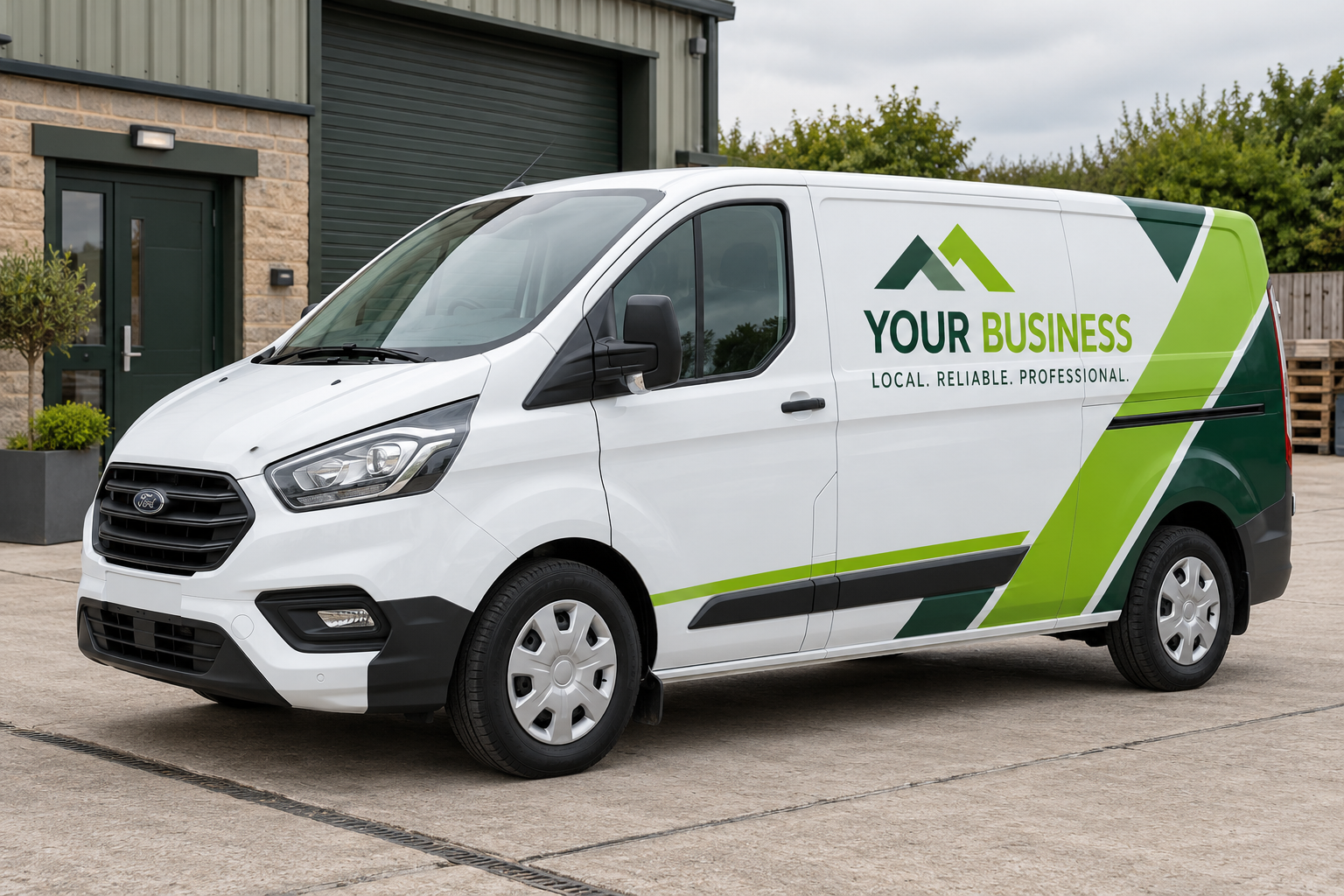 Illustrative green and white signwritten trades van