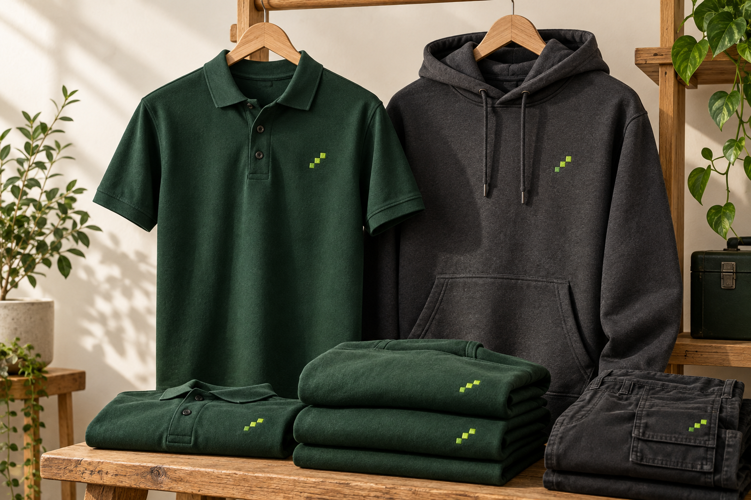 Illustrative forest green polo shirt and charcoal branded hoodie
